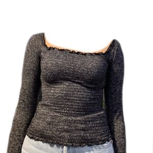 Hollister Grey Lettuce Trim Off The Shoulder/ Square Neck Long Sleeve Top